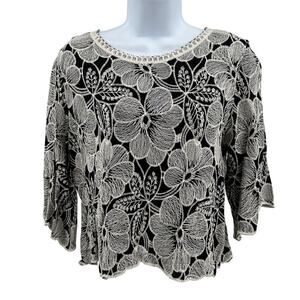 Solitaire Blouse Embroidered Crochet Floral WMNS M Black/White Boho Chic Top